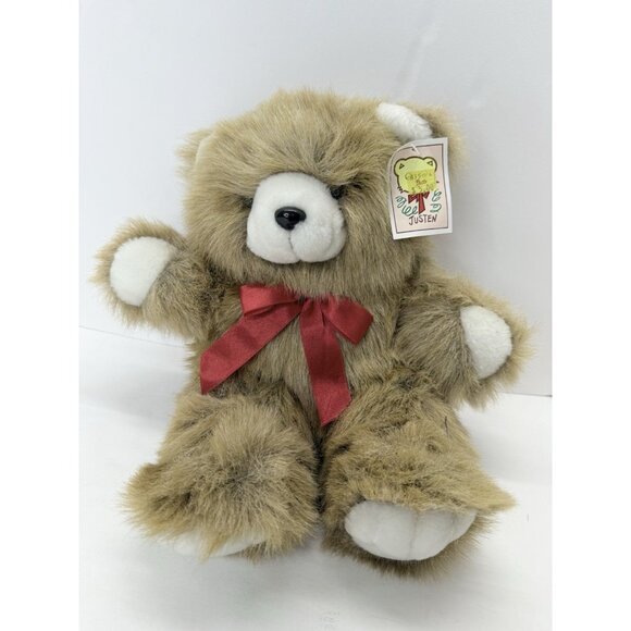 Vintage Justen 16" Plush Fuzzy Brown Teddy Bear With Red Bow Stuffed Animal - Picture 1 of 13